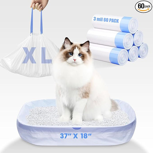 60 Pack Jumbo Cat Litter Bags - 3MIL Extra Thick Leakproof Litter Box Liners, 37"x18" Heavy Duty Drawstring Cat Litter Liners for Automatic Litter Box, Odor Control Disposable Kitty Litter Bags 6 Roll-PurrikoPets