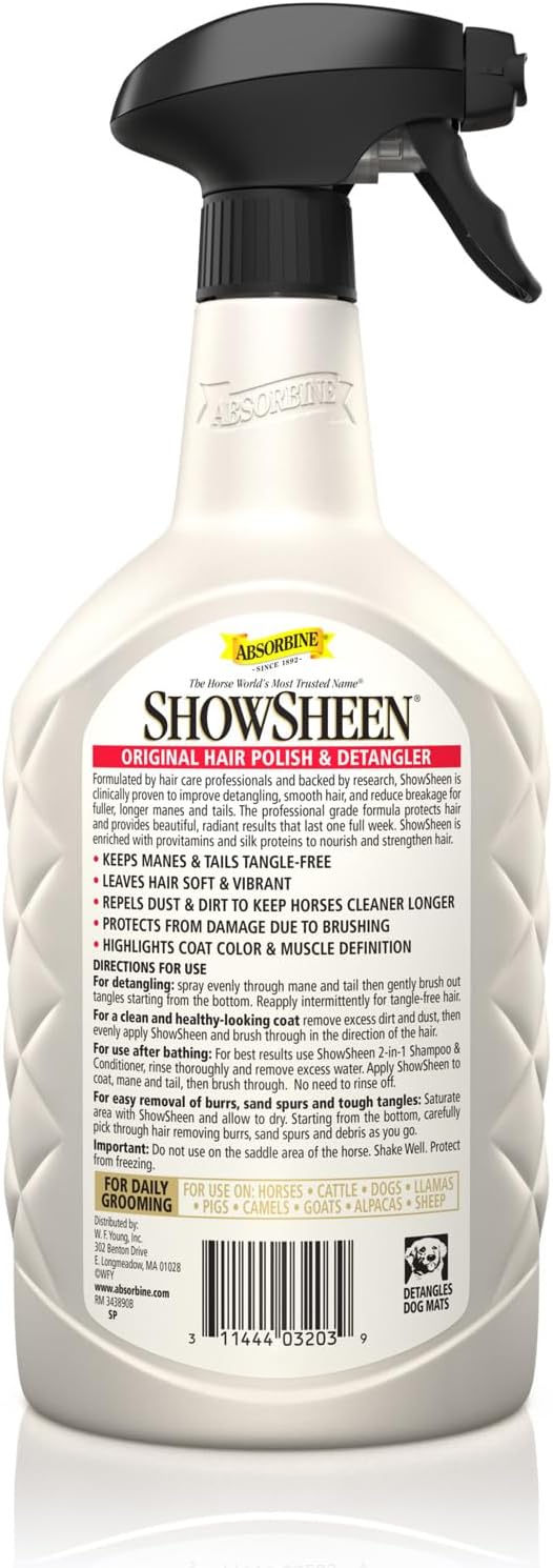 Absorbine ShowSheen Hair Polish & Detangler 32oz Spray Bottle, Horse and Dog Coat, Mane and Tail, Instant Detangling & Reduces Hair Breakage for Healthy Grooming & Radiant Shine-PurrikoPets