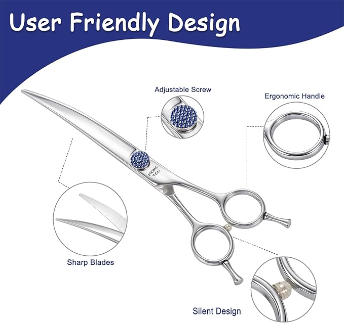 7.5'' Dog Grooming Scissors CNC 440C Blades Sharp and Durable Polished Curved Dog Shears with Blue Diamond Adustable Screws Easy to Use for Groomer and Home User-PurrikoPets
