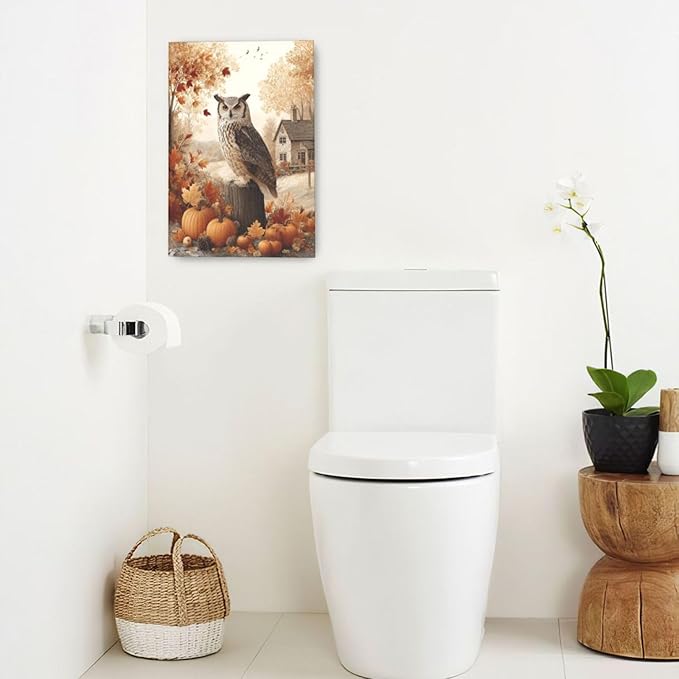 Fall Owl Wall Art Autumn Pumpkin Leaves Wall Decor Rustic Canvas Print Farmhouse Pictures Painting Print Framed Artwork Decorations Gifts for Living Room Bathroom Bedroom Office 16"x24"-PurrikoPets