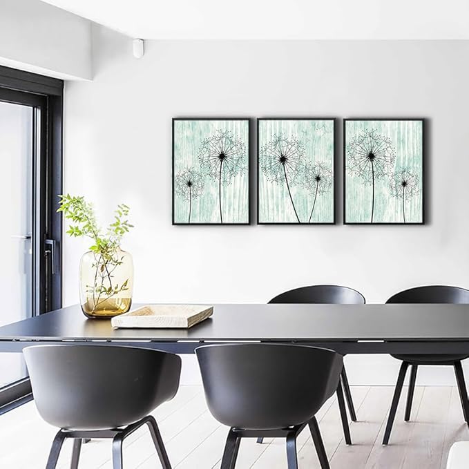 AHUASJART Black Framed Wall Art for Living Room Wall decor for Bedroom Room Decor light green background Pictures Dandelion Paintings posters kitchen Home Decorations 3 Piece Framed Prints Artworks-PurrikoPets