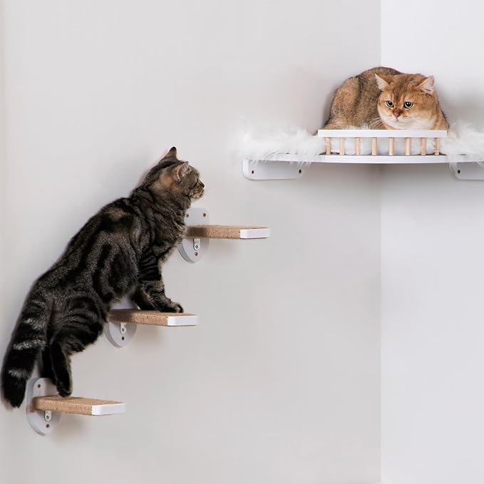 3pcs Wall Mounted Cat Steps, Climbing Furniture, Shelves With Hemp Rope Covered, Solid Wood Ladder for Playing and Climbing (Standard-White)-PurrikoPets