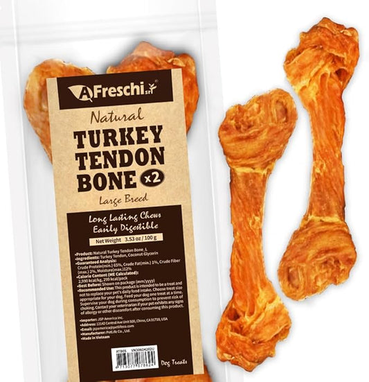 Afreschi Natural Turkey Tendon Bone (L) 3.53 oz, USA-Sourced Turkey Tendon, All Natural Human Grade Dog Chew, Hypoallergenic, Rawhide Alternative, Dog Treats for Large Breeds-PurrikoPets
