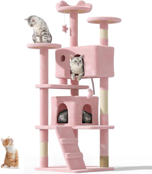 60'' Cat Tree Tower for Indoor Cats Large Adult,Cute/Tall Modern Cat Tree for Big Cats 20 lbs, Plush Multi-Level Cat Condo with Scratching Posts,Dangling for Fun Play (Soft Pink, 60 inch)-PurrikoPets
