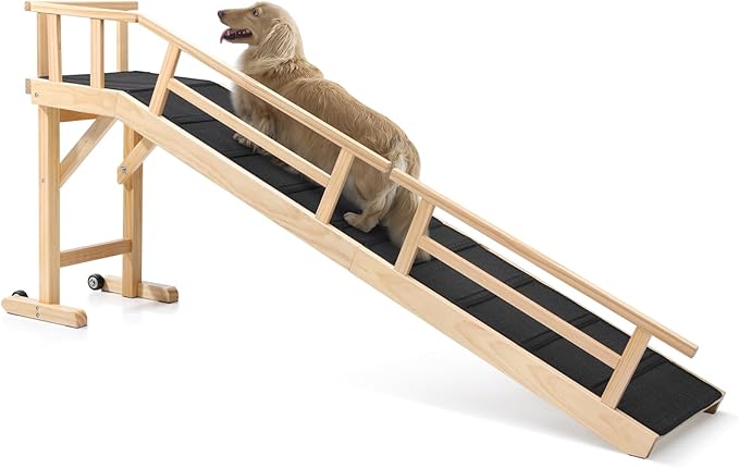 Dog Ramp for Bed or Couch, Wooden Pet Ramp with 20° Gentle Slope, Removable Side Rails, Non-Slip Surface, Top Platform & Wheels, Safe Bed Ramp for Small, Medium & Senior Dogs, 74" Long, Natural-PurrikoPets