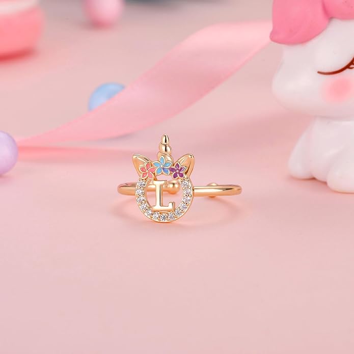 Unicorn Rings Gifts for Girls - Adjustable Initial Ring Dainty Cute Unicorn Rings for Girl Teens Little Girls Jewelry Birthday Gift