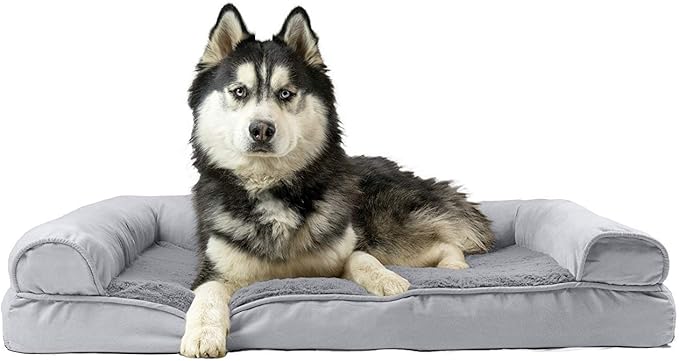 Furhaven Cooling Gel Dog Bed for Large Dogs w/ Removable Bolsters & Washable Cover, For Dogs Up to 95 lbs - Plush & Suede Sofa - Gray, Jumbo/XL-PurrikoPets