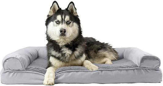 Furhaven Cooling Gel Dog Bed for Large Dogs w/ Removable Bolsters & Washable Cover, For Dogs Up to 95 lbs - Plush & Suede Sofa - Gray, Jumbo/XL-PurrikoPets