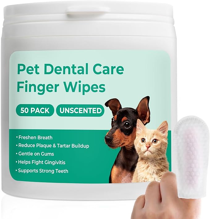 Dog Teeth Cleaning Wipes 50 Pack, Reduces Plaque and Freshens Breath, Dog Dental Wipes Dog Tooth Brushing Kit, No-Rinse Dog Toothbrush Finger Wipes Dental Care for Dogs Cats-PurrikoPets