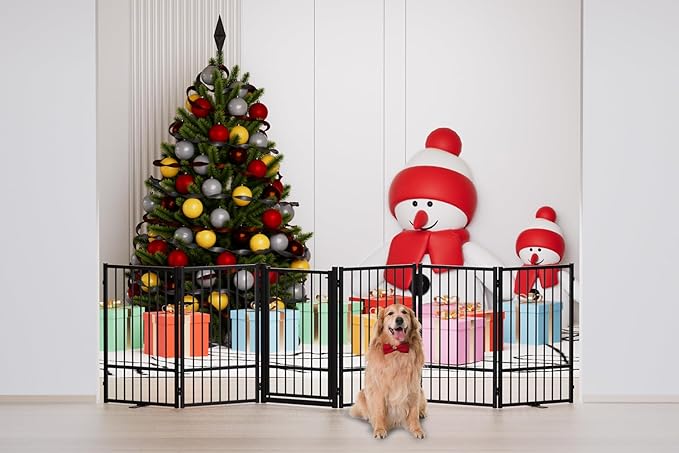 Full Metal Freestanding Dog Gate with Door, 32''Height Foldable Pet Dog Fence for Indoor & Outdoor, 6 Panels Extra Wide Free Standing TallDog Gates for Doorways,House,Stairs,Porch,Deck,Yard-PurrikoPets