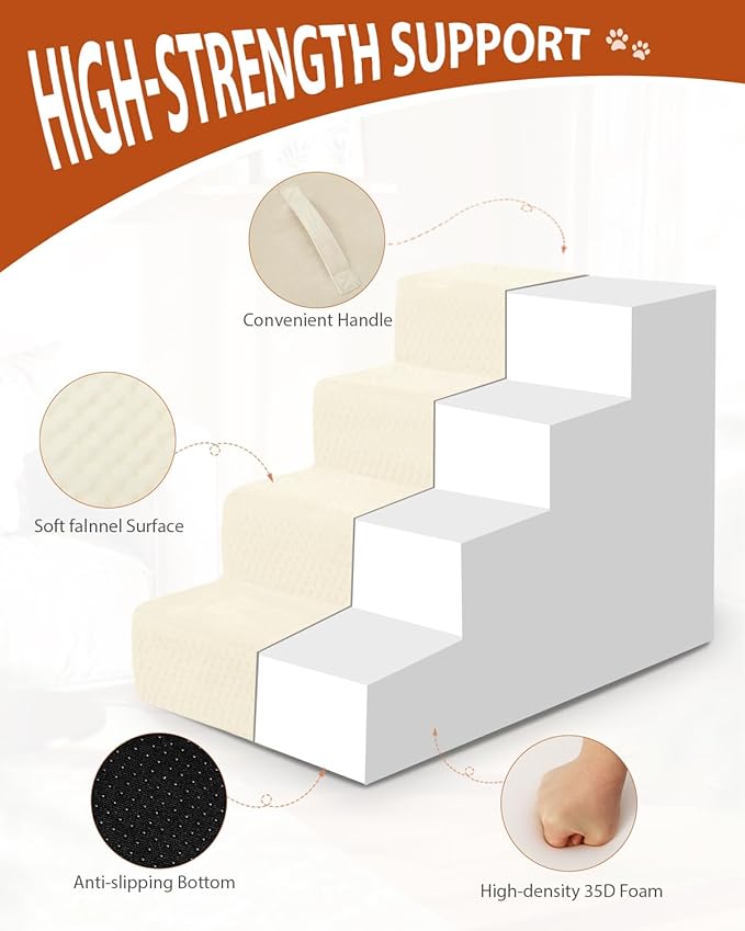 Dog Stairs for Small Dogs,22" H,5-Step Dog Steps for High Bed Couch and Sofa,Pet Stairs for Dogs and Cats Climbing with Non-Slip Bottom and Washable Cover,Beige-PurrikoPets