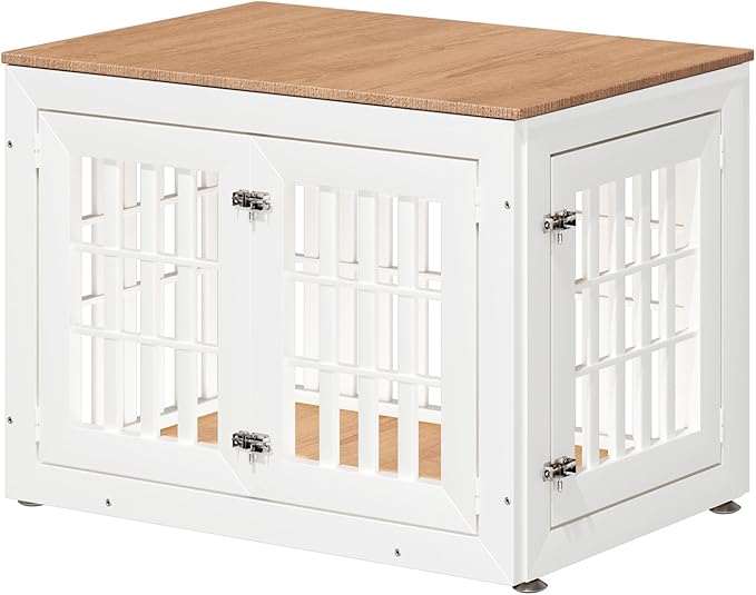 32" Heavy Duty Dog Crate Furniture for Small,Medium and Large Dogs,Rustic Wooden Dog Cage Kennel Indoor Furniture with Waterproof Top,Decorative Pet House Side End Table (White & Wood)-PurrikoPets