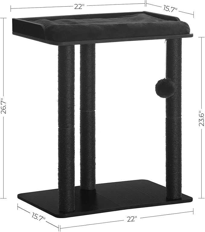 FourFurPets 26.7in Cat Tree Tower Condo, Cat Scratch Posts for Indoor Cats, Big Plate, Three 23.6in Full Sisal Scratching Posts, Black-PurrikoPets
