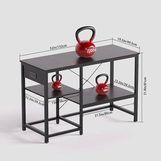 50-75 Gallon Fish Tank Stand with Power Outlet & LED Light, Metal Aquarium Stand with 3 Tier Adjustable Storage Shelves, Tank Stand for Reptile Tank, Turtle Tank, 52" L*19.5" W, Black-PurrikoPets