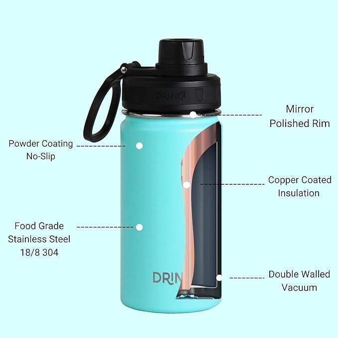 DRINCO Stainless Steel Water Bottle Spout Lid Vacuum Insulated Double Wall Water Bottle Wide Mouth (40oz 32oz 22oz 18oz 14oz) Leak Proof Keeps Cold or Hot (14 oz, 14oz Teal)-PurrikoPets
