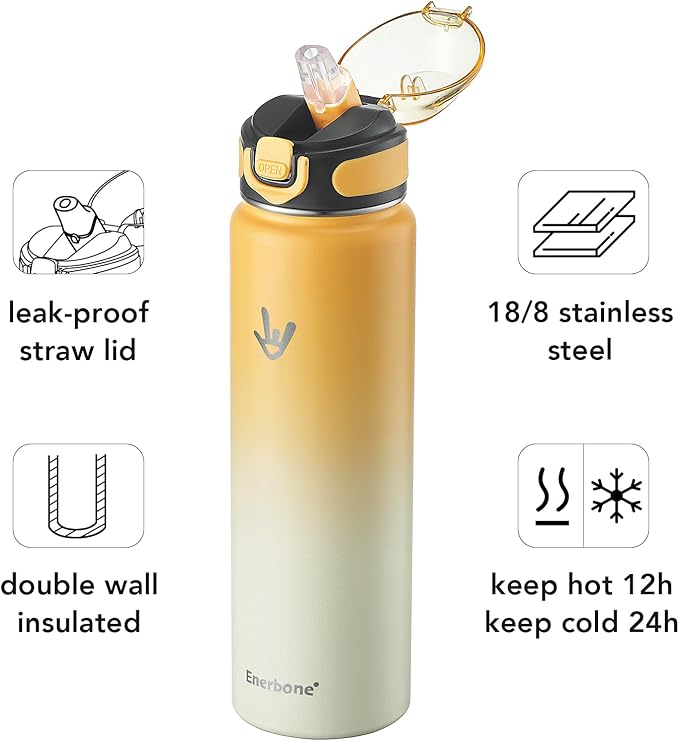Enerbone 32 oz Insulated Water Bottle, Stainless Steel Bottle with Carrying Strap, Double-Wall Vacuum Insulation Design, Leakproof Sports Bottle with Straw, Keep Drinks Cold or Hot for Hours-PurrikoPets