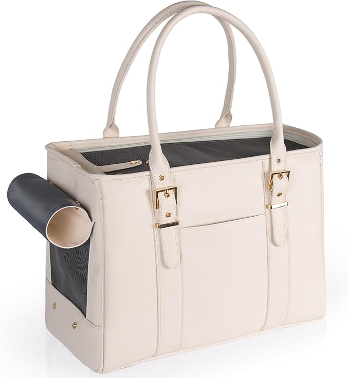 Fashion Pet Carrier Dog Purse Cat Bag Soft-Sided Carriers Travel Airline Approved, Stylish Leather Tote Handbag for Small Animal Puppy Kitten (White)-PurrikoPets