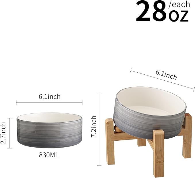 Elevated/Raised 15°Tilted Anti Slip Ceramic Dog Bowls,Slanted Bulldog Pet Food Water Feeding Dish Stand for Cats and Dogs (3.6 Cups/28 OZ) Grey White-PurrikoPets