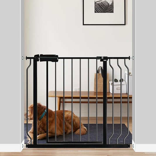 Fairy Baby Walk Through Baby Gate 34-38.5 Inch Wide, Pressure Mounted Safety Gate with Door No Drill, Tension Metal Gate for Dog and Toddler, Black-PurrikoPets