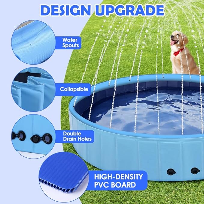 63" Large Dog Pool with Sprinkler, 2-in-1 Foldable Swimming Pool Non-Slip Hard Plastic Splash Sprinkler Kiddie Pool for Outdoor Backyard Kids Dogs Ducks and Pet Baths-PurrikoPets