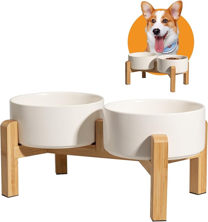 Elevated Ceramic Dog Bowl Set - Raised Dog Bowls with Non-Slip Bamboo Stand - Dog Food and Water Bowl Set - Double Dog Feeding Bowls - Suitable for Small and Medium Dogs - 28.74 OZ - 3.6 CUPS - 850 ML-PurrikoPets