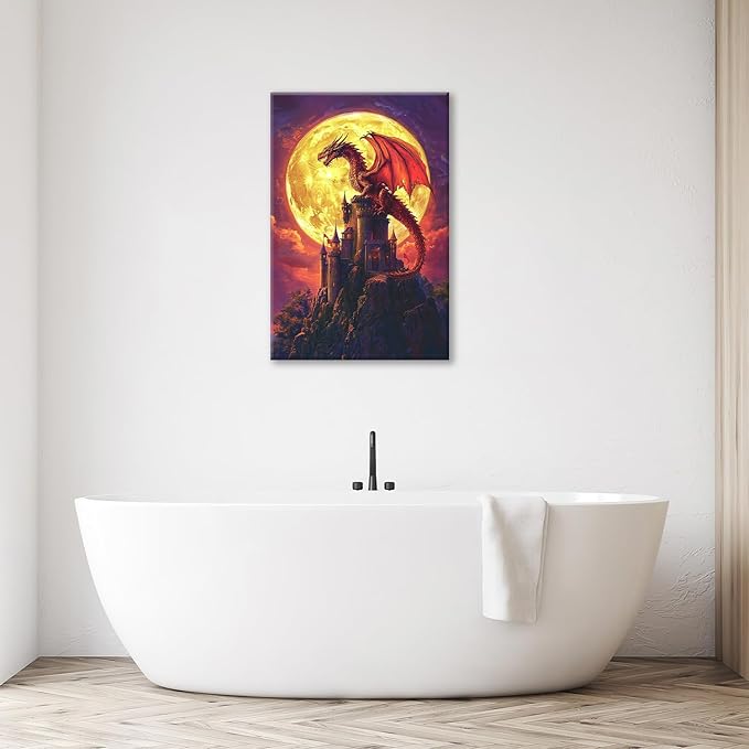 Dragon Bathroom Pictures Wall Art, Red Dragon Castle Bathroom Wall Decor, Framed Painting Canvas Artwork for Bedroom Living Room Decorations 24"L x 16"W-PurrikoPets