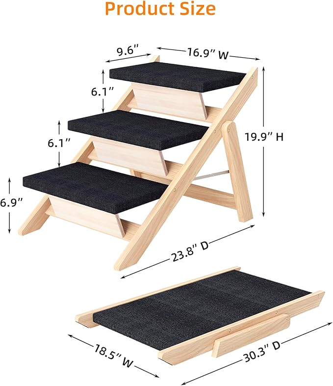 Dog Stairs/Ramp for Bed, Wooden Convertible Pet Steps, Portable Dog Ladder Up to 180 Pound for Elderly/Short-Legged Dogs, 3 Steps for Beds, Couch, Cars-PurrikoPets