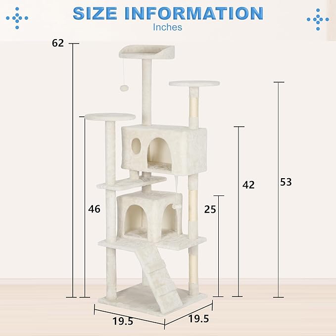 FDW Cat Tree Tower 62in Multi-Level Durable Cat Scratching Post & Cozy Fun Jumping Platform Space Saving Condo Pet Play House for Indoor Cats, Beige-PurrikoPets