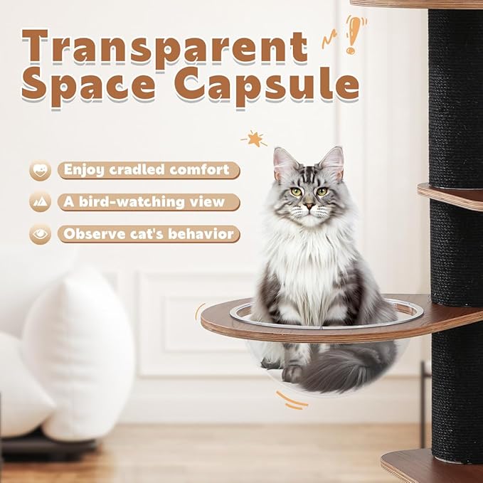 70.9'' Black Cat Tree for Indoor Cats Large Adult, Heavy Duty Cat Tower with Scratching Post, Modern Kitty Tree with Removable Mats, Semi-closed Condo and Transparent Bowl, Wooden Luxury Cat Furniture-PurrikoPets