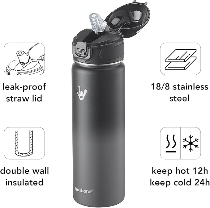 Enerbone 24 oz Insulated Water Bottle, Stainless Steel Bottle with Carrying Strap, Double-Wall Vacuum Insulation Design, Leakproof Sports Bottle with Straw, Keep Drinks Cold or Hot for Hours-PurrikoPets