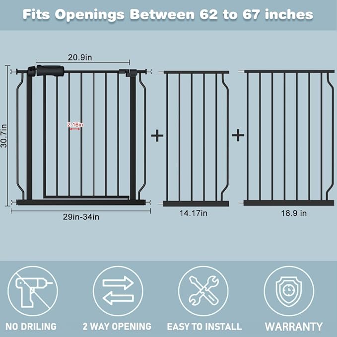 Extra Wide Baby Gate Black 62-67 Inch Wide Pressure Mounted Auto Close Child Safety Gate Long Dog Gate for House Doorways-PurrikoPets