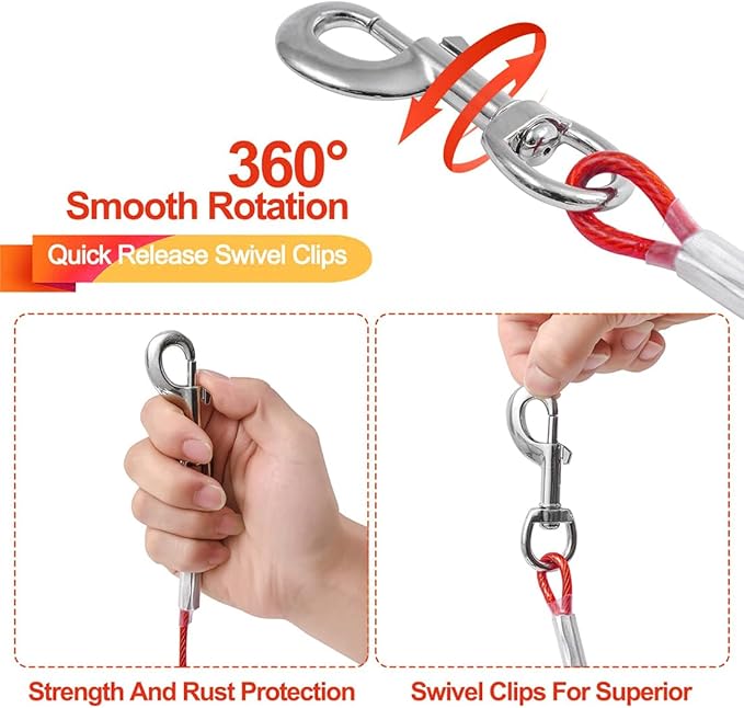 10FT Heavy Duty Dog Tie Out Cable for Large Dogs up to 125lbs, Durable Runner Tether Line (Red)-PurrikoPets