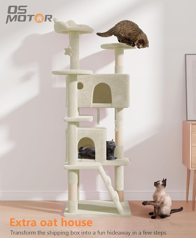 60'' Cat Tree Tower for Indoor Cats Large Adult,Cute/Tall Modern Cat Tree for Big Cats 20 lbs, Plush Multi-Level Cat Condo with Scratching Posts, Dangling Ball Indoor (Beige, 60 inch)-PurrikoPets