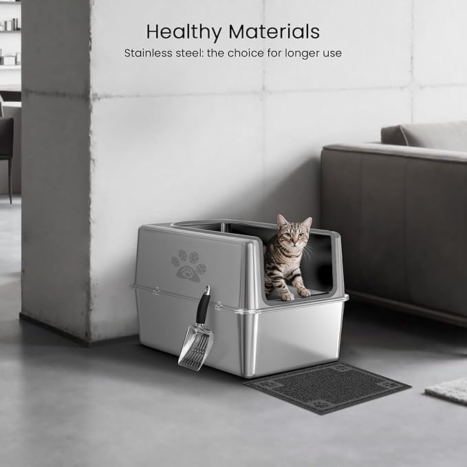 Enclosed Stainless Steel Cat Litter Box with Lid, Metal Litter Box for Big Cats, Extra Large Cat Toilet with High Side, Non-Stick, Anti-Leakage, Odorless, with Cats Litter Mat & Litter Scoop-PurrikoPets