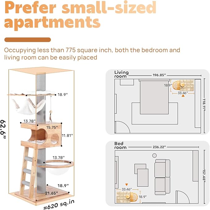 63-inch Modern Cat Tree, Luxury Cat Tower with Scratching Post, Unique Cat Condo with Hammock, Heavy Duty Kitty Climbing Tree for Indoor Cat, Wooden Kitty House for Small Medium Large Cats-PurrikoPets