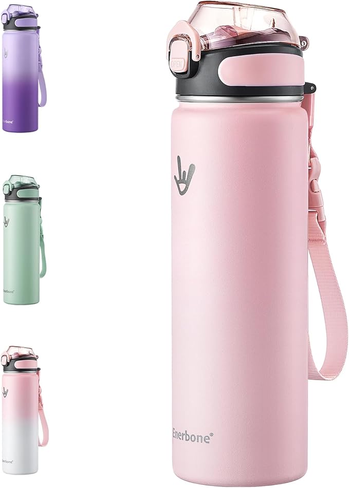 Enerbone 24 oz Insulated Water Bottle, Stainless Steel Bottle with Carrying Strap, Double-Wall Vacuum Insulation Design, Leakproof Sports Bottle with Straw, Keep Drinks Cold or Hot for Hours-PurrikoPets