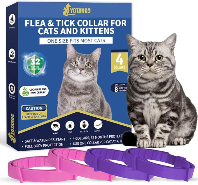 4 Pack Flea Collar for Cats, 32 Months Flea and Tick Prevention for Cats, Waterproof Cat Flea Collar, Natural Cat Flea and Tick Treatment, Adjustable Flea and Tick Collar for Cats Kittens(Pink&Purple)-PurrikoPets