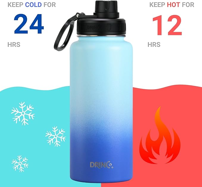 DRINCO Stainless Steel Water Bottle Spout Lid Vacuum Insulated Double Wall Water Bottle Wide Mouth (40oz 32oz 22oz 18oz 14oz) Leak Proof Keeps Cold or Hot (32 oz, 32oz Morning Sky Blue)-PurrikoPets