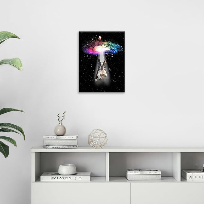 Funny Dog Wall Art Canvas Boston Terrier Wall Decor Prints Framed Painting Bulldog Galaxy Pictures Gifts Artwork for Bathroom 12"x16"-PurrikoPets