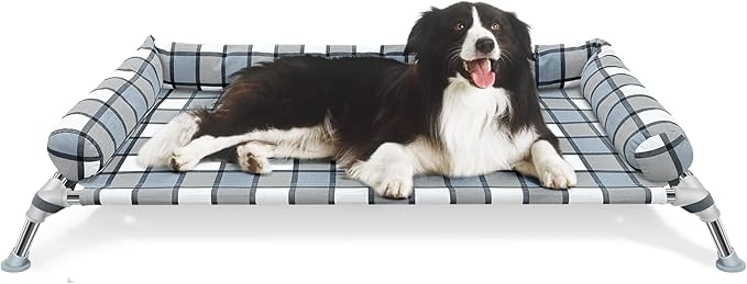 Elevated Raised Dog Bed Cot - Cooling Raised Dog Bed with Bolster Portable Washable Pet Hammock with Pillows & Metal Frame for Indoor & Outdoor, Large-PurrikoPets