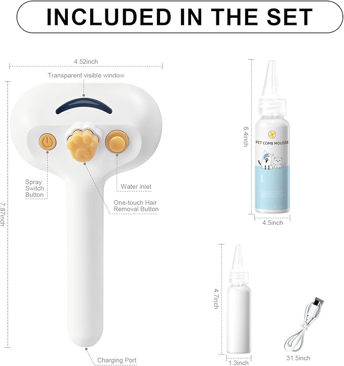 3-in-1 Pet Steam Brush Set for Dogs & Cats, Grooming Comb with Spray, Defur Tool, Water-Assisted Hair Removal, Gentle Cat & Dog Spritz Brush, Multi-Purpose Steam Grooming Kit-PurrikoPets