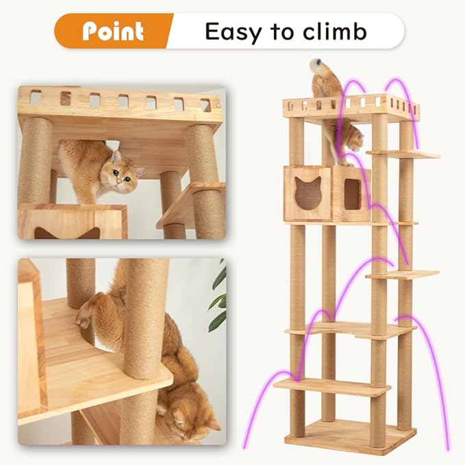 74" Wooden Cat Tree Tower for Large Cats, Multi-Level Cat Climbing Furniture with Scratching Posts, Cat Condo & Hammock, Natural Wood Cat Activity Center(Brown)-PurrikoPets