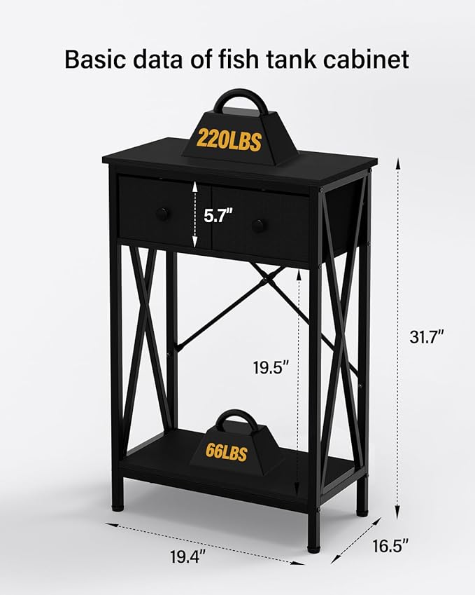 Fish Tank Stand for 5-10 Gallon Fish Tank: Aquarium Stand with Power Outlet - Metal 10 Gallon Tank Stand with Cabinet Drawer Storage for Turtle Tank, Reptile Terrarium (Black, 220LBS Capacity)-PurrikoPets