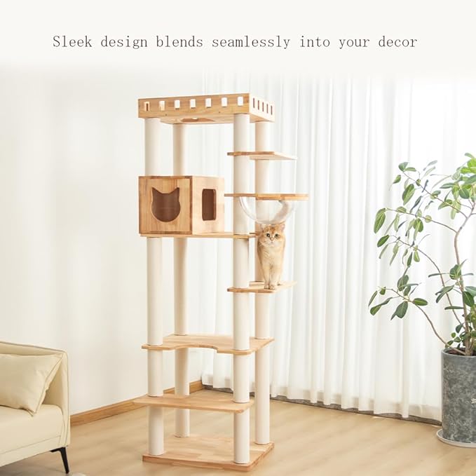 74.8" Wooden Cat Tree Tower for Large Cats, Multi-Level Cat Climbing Furniture with Scratching Posts, Cat Condo & Hammock, Natural Wood Cat Activity Center (White)-PurrikoPets