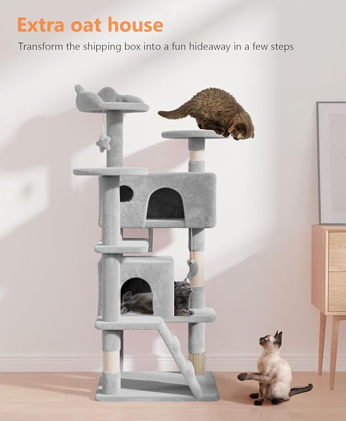 54" Cat Tree Tower for Indoor Cats Large Adult,Cute/Tall Modern Cat Tree for Big Cats 20 lbs, Plush Multi-Level Cat Condo with Scratching Posts, Dangling Ball for Fun (Light Gray, 54 inch)-PurrikoPets