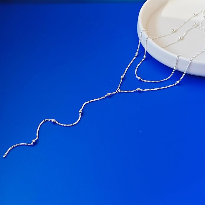 Lariat Silver/Gold Necklace for Women 925 Silver/14K Gold Plated Dainty Long Necklace Y-Shaped Drop Pendant Necklaces Choker Trendy Chain Simple Layered Necklaces CZ Jewelry for Women Set Gift