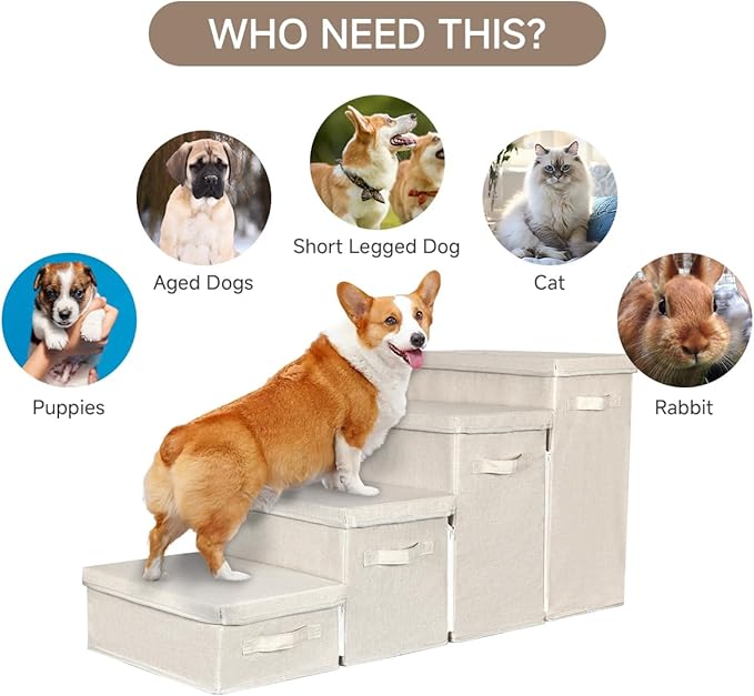 Dog Stairs with Storage, 4-Step Folding Pet Steps for Small Dogs and Cats, Pet Steps Storage with Zip, Pet Stairs for High Bed, Couch and Car Ramp (Beige, 4 Steps no Condo)-PurrikoPets