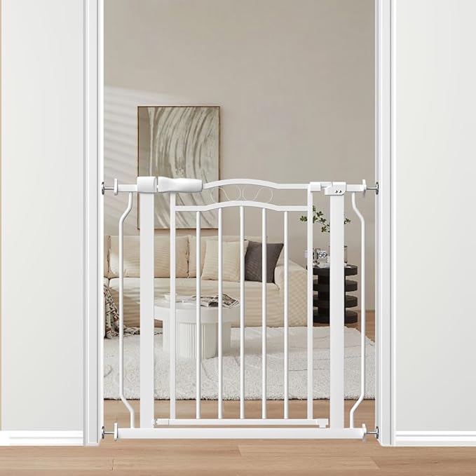 29.9-33.4 in Wide Baby Gate for Stairs Doorways, Auto Close Child Safety Gates Indoor for Dogs Pets, Pressure Mounted Metal Barrier Kids Toddler Door Walk Through, 30" Tall, White-PurrikoPets