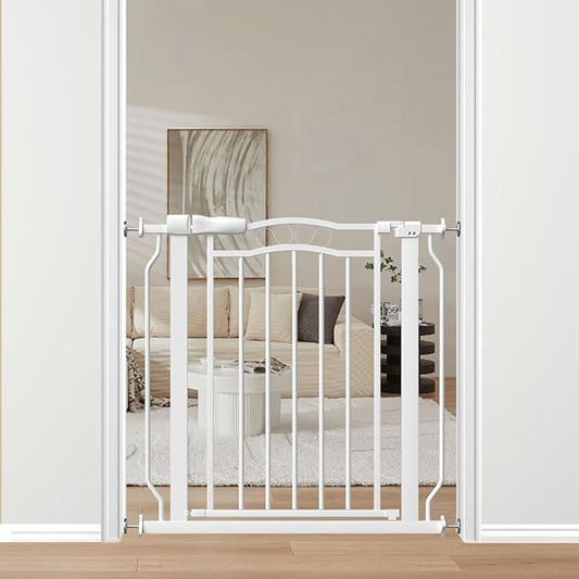 29.9-33.4 in Wide Baby Gate for Stairs Doorways, Auto Close Child Safety Gates Indoor for Dogs Pets, Pressure Mounted Metal Barrier Kids Toddler Door Walk Through, 30" Tall, White-PurrikoPets
