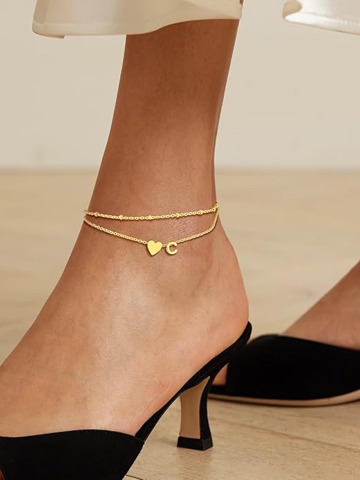 Suplight Stainless Steel Initial Ankle Bracelets for Women Layered Dainty Heart Anklet Beaded Anklets for Women Waterproof Plus Size Ankle Foot Chain Summer Essentials Jewelry(with Gift Box)